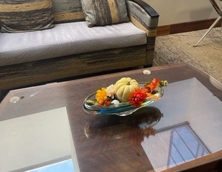 Fall Décor of Pumpkins in Glass Bowl