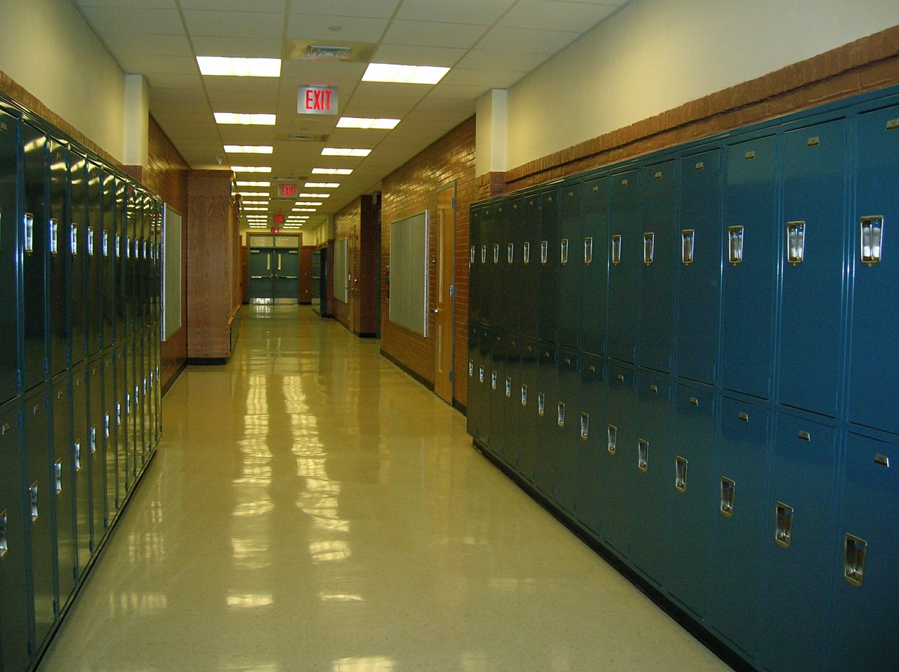 rows of Blue Lockers down school hallway